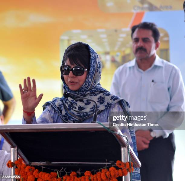 Jammu and Kashmir Chief Minister Mehbooba Mufti addresses after the inauguration of the upgraded terminal building at Jammu Airport, on August 17,...