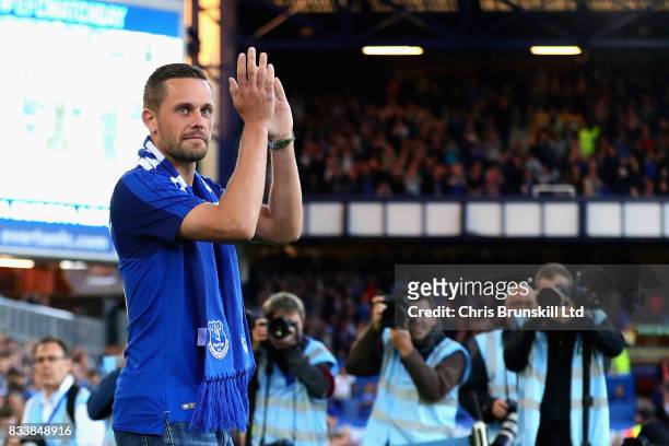New signing Gylfi Sigurdsson of Everton is presented to the crowd before the UEFA Europa League Qualifying Play-Offs round first leg match between...