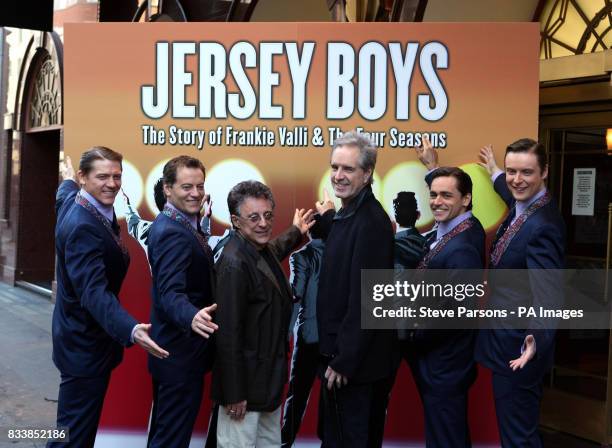 Frankie Valli and original Four Season Bob Gaudio with the cast from left: Philip Bullock who plays Nicl Massi, Glenn Carter who plays Tommy Devito,...