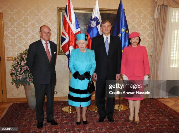 Queen Elizabeth ll and Prince Philip, Duke of Edinburgh pose with President Danilo Turk and Barbara Miklic Turk at Brdo Castle on the first day of a...