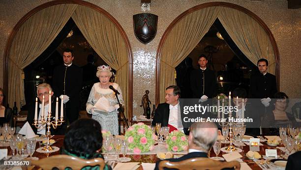 Queen Elizabeth ll delivers a speech during a State Banquet at Brdo Castle on the first day of a State Visit to Slovenia on October 21, 2008 in...