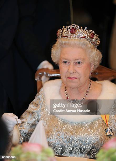 Queen Elizabeth ll attends a State Banquet at Brdo Castle on the first day of a State Visit to Slovenia on October 21, 2008 in Ljubljana, Slovenia.