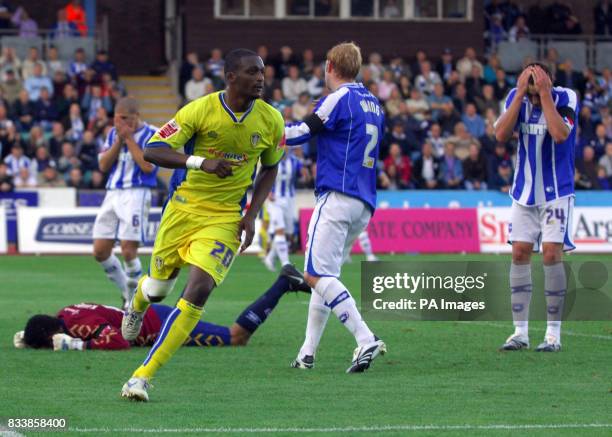 Leeds United's Tresor Kandol celebrates scoring during the Coca-Cola Football League One match at the Withdean Stadium, Brighton. PRESS ASSOCIATION...