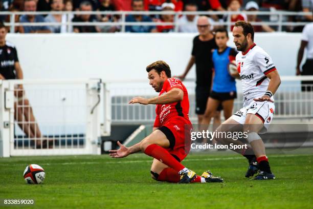 Vincent Clerc of Toulon and Frederic Michalak of Lyon during the pre-season match between Rc Toulon and Lyon OU at Felix Mayol Stadium on August 17,...