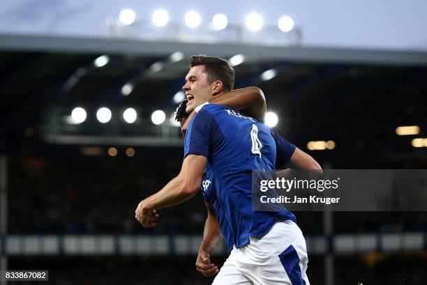 Michael Keane of Everton celebrates his goal during the UEFA Europa League Qualifying Play-Offs round first leg match between Everton FC and Hajduk...