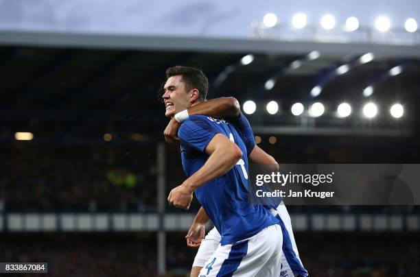 Michael Keane of Everton celebrates his goal during the UEFA Europa League Qualifying Play-Offs round first leg match between Everton FC and Hajduk...