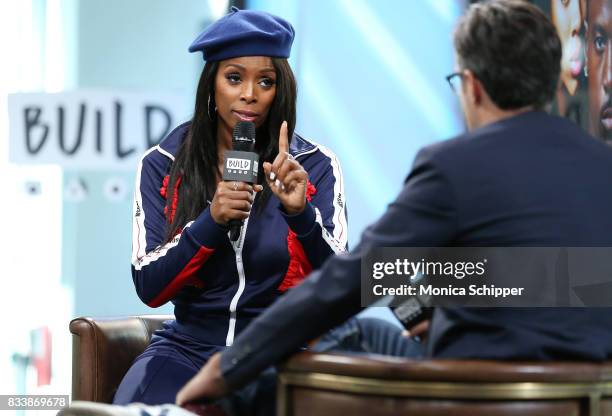 Actress and director Tasha Smith discusses her directorial debut with TV One's "When Love Kills" at Build Studio on August 17, 2017 in New York City.