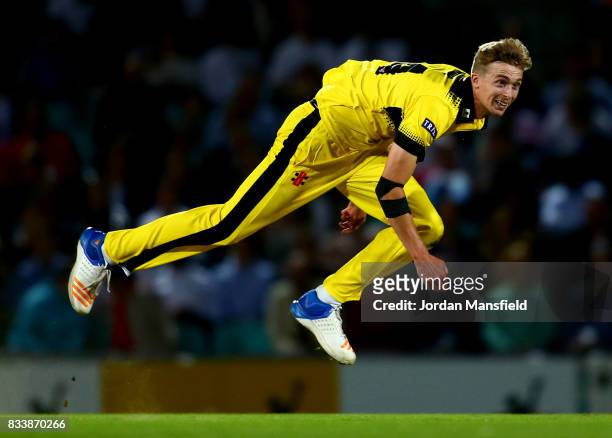 Craig Miles of Gloucestershire bowls during the NatWest T20 Blast match between Surrey and Gloucestershire at The Kia Oval on August 17, 2017 in...