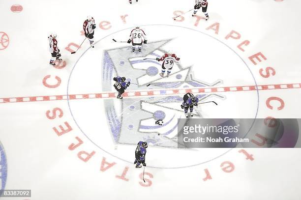 The Colorado Avalanche and the Los Angeles Kings skate on the ice during warmups prior the game on October 20, 2008 at Staples Center in Los Angeles,...
