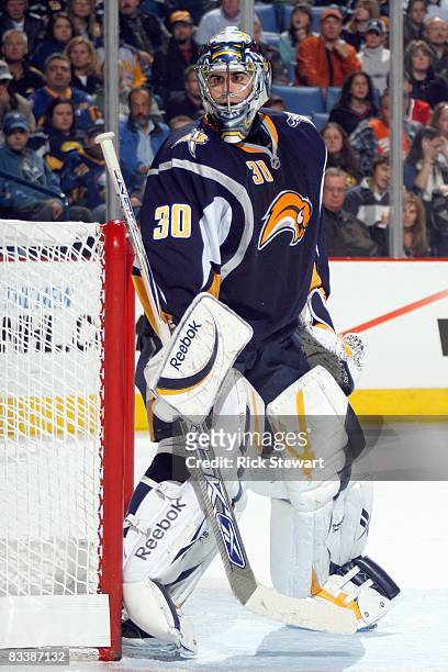 Goalie Ryan Miller of the Buffalo Sabres guards the net during the game against the Vancouver Canucks on October 17, 2008 at HSBC Arena in Buffalo,...