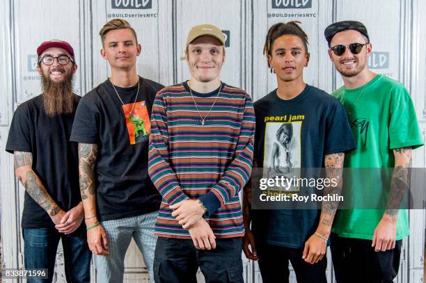 Members of Neck Deep Matt West, Fil Thorpe-Evans, Ben Barlow, Dani Washington and Sam Bowden at Build Studio on August 17, 2017 in New York City.