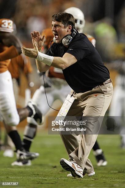 Defensive coordinator Will Muschamp of the Texas Longhorns celebrates during the game against the Missouri Tigers on October 18, 2008 at Darrell K...