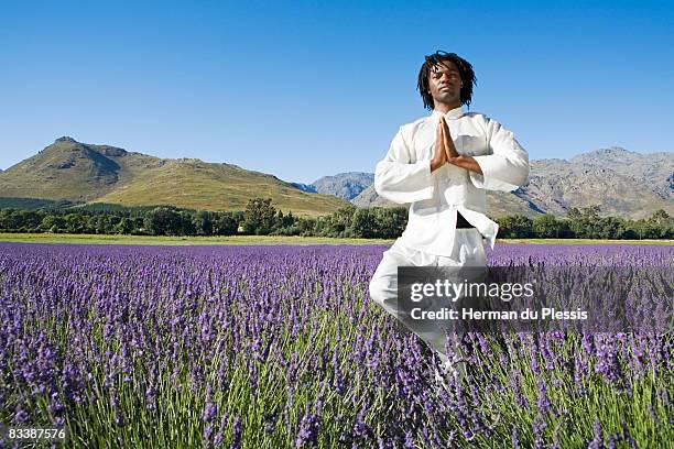 man doing exercises in lavender field, mountains in background, franschhoek, western cape province, south africa - franschhoek stock-fotos und bilder