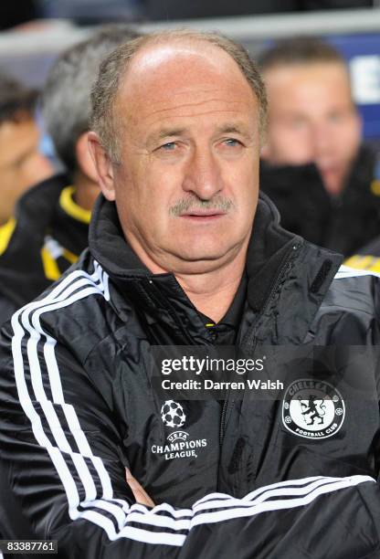 Chelsea Manager Luiz Felipe Scolari looks on during the UEFA Champions League Group A match between Chelsea and AS Roma at Stamford Bridge on October...