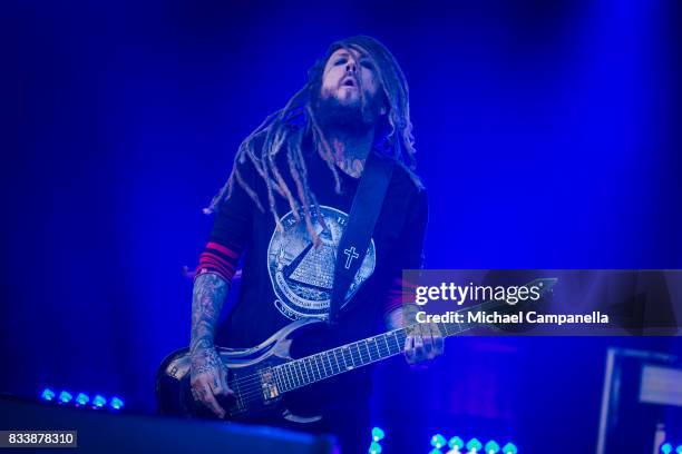 Brian "Head" Welch of the American band Korn performs in concert at Grona Lund on August 17, 2017 in Stockholm, Sweden.