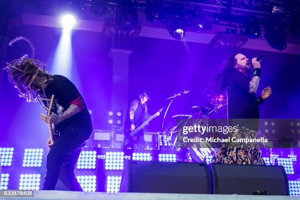 Jonathan Davis and Brian Welch of the American band Korn perform in concert at Grona Lund on August 17, 2017 in Stockholm, Sweden.