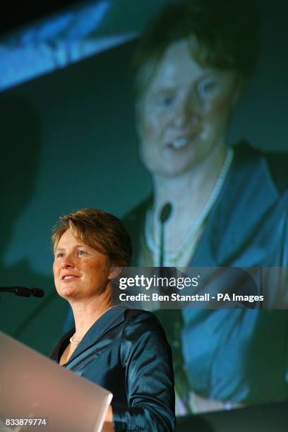 Jannine Benyus, President of the Biomimicry Institute speaks during the 'Time Heroes of the Enviromnet Awards' held in the Royal Courts of Justice in...