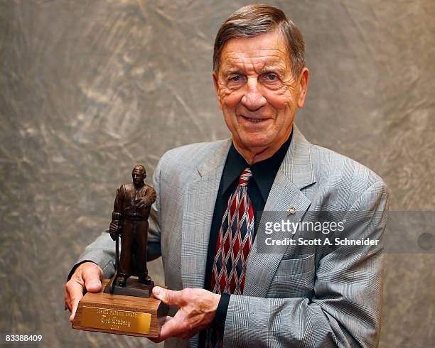 Ted Lindsay poses with his Lester Patrick Award October 22, 2008 at the St. Paul Hotel in St. Paul, Minnesota.