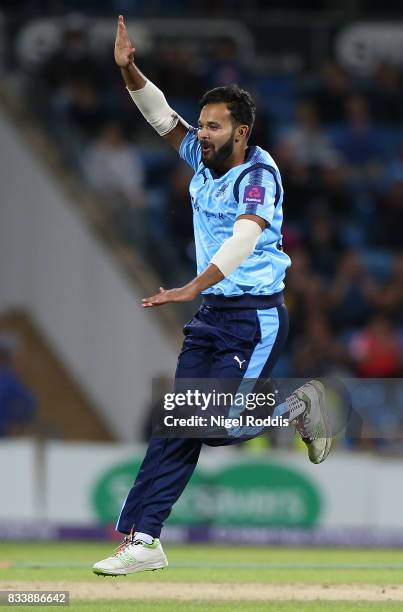 Adil Rashid of Yorkshire Vikings celebrates taking the wicket of Adam Rossington of Northamptonshire Steelbacks during the NatWest T20 Blast at...