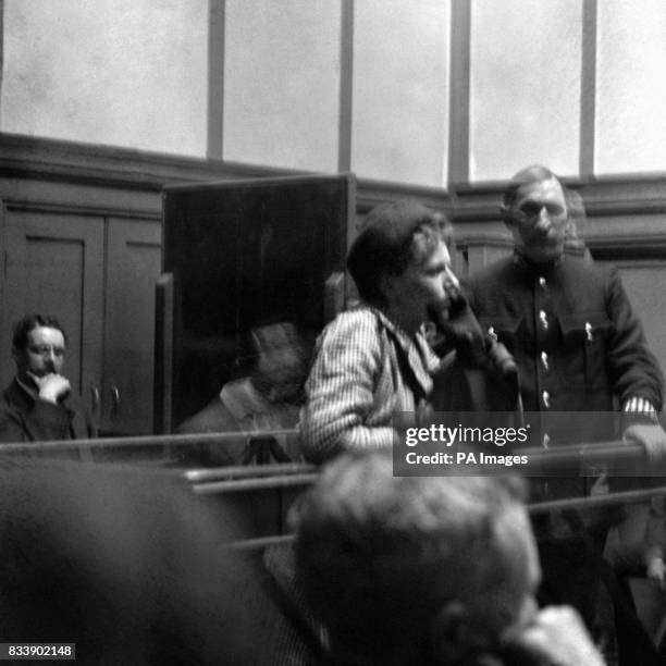 Suffragette Mary Spencer in the dock charged with causing criminal damage to the painting 'Primavera' by Sir George Clausen in the National Gallery...