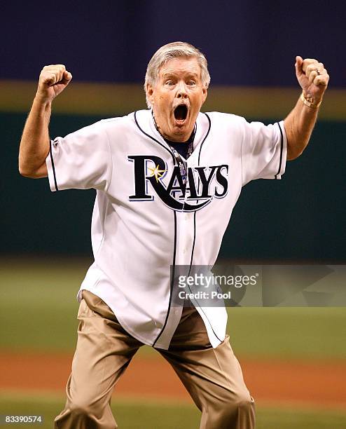 Bob Stewart reacts after throwing out the first pitch before game one of the 2008 MLB World Series between the Philadelphia Phillies and theTampa Bay...