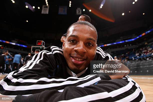 Randy Foye of the Minnesota Timberwolves stretches before the game against the Chicago Bulls on October 22, 2008 at the Target Center in Minneapolis,...