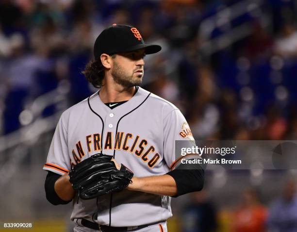 Cory Gearrin of the San Francisco Giants in action during the game between the Miami Marlins and the San Francisco Giants at Marlins Park on August...