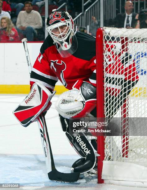 Martin Brodeur of the New Jersey Devils defends his net against the Dallas Stars at the Prudential Center on October 22, 2008 in Newark, New Jersey....