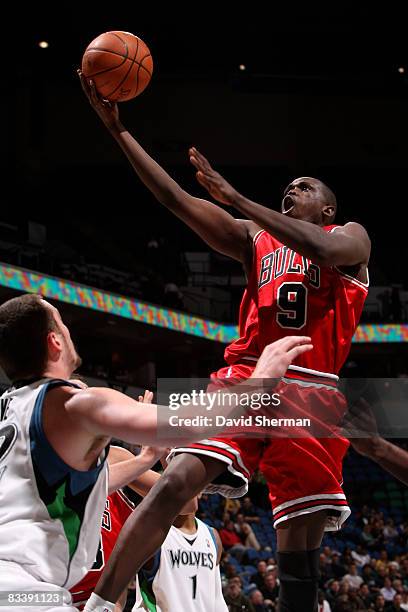 Luol Deng of the Chicago Bulls soars to the basket against Kevin Love of the Minnesota Timberwolves on October 22, 2008 at the Target Center in...