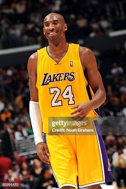 Kobe Bryant of the Los Angeles Lakers looks on with a smile during the game against Regal FC Barcelona during the game at Staples Center on October...