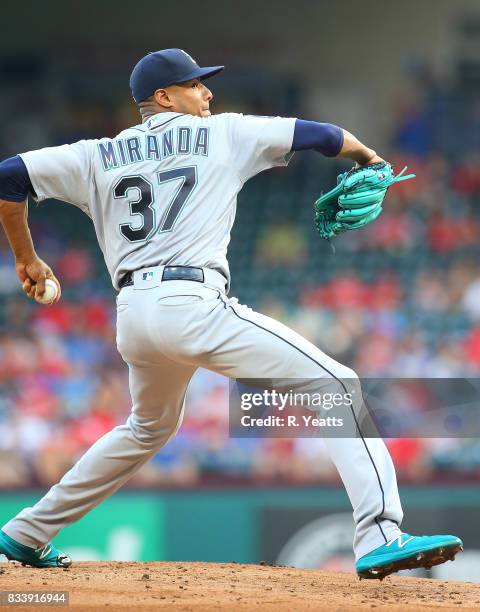 Ariel Miranda of the Seattle Mariners throws in the first inning against the Texas Rangers at Globe Life Park in Arlington on August 2, 2017 in...