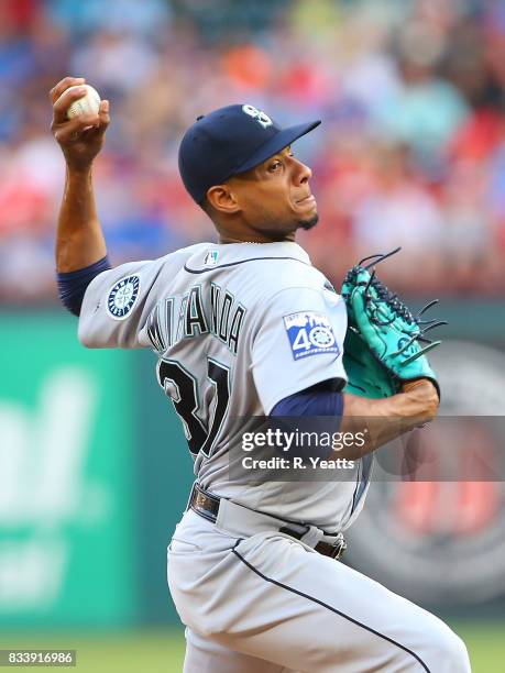 Ariel Miranda of the Seattle Mariners throws in the first inning against the Texas Rangers at Globe Life Park in Arlington on August 2, 2017 in...