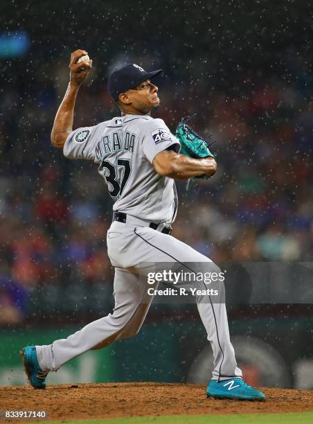 Ariel Miranda of the Seattle Mariners throws in the sixth inning against the Texas Rangers at Globe Life Park in Arlington on August 2, 2017 in...