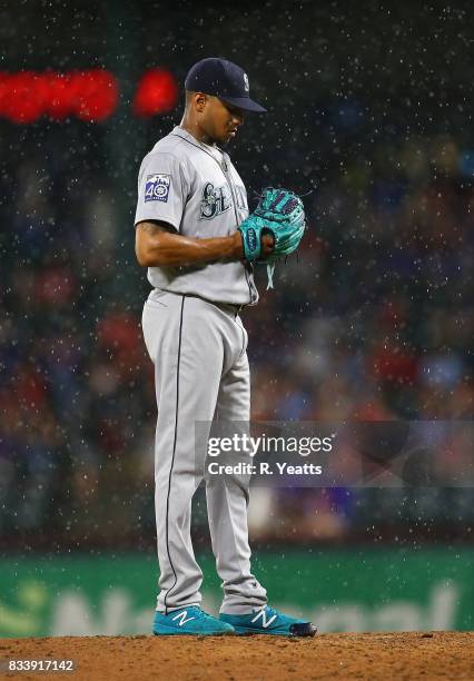 Ariel Miranda of the Seattle Mariners throws in the sixth inning against the Texas Rangers at Globe Life Park in Arlington on August 2, 2017 in...