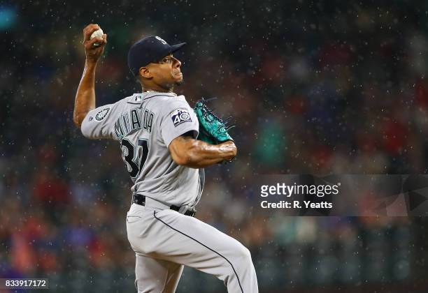 Ariel Miranda of the Seattle Mariners throws in the sixth inning against the Texas Rangers at Globe Life Park in Arlington on August 2, 2017 in...