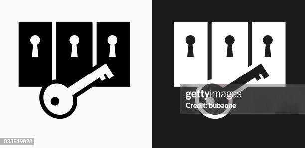 key and locked doors icon on black and white vector backgrounds - multiple doors stock illustrations