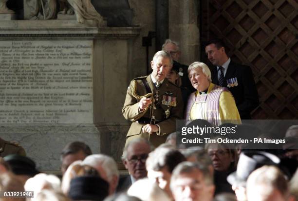 The Prince of Wales talks to the Dean of Salisbury Cathedral June Osborne as he arrives to lead the celebrations for the 50th anniversary of the Army...