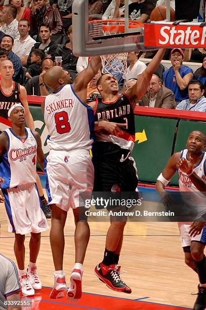 Brandon Roy of the Portland Trailblazers puts up a shot against Brian Skinner of the Los Angeles Clippers at Staples Center on October 22, 2008 in...