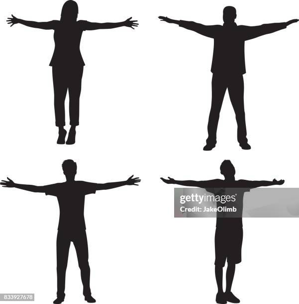 illustrazioni stock, clip art, cartoni animati e icone di tendenza di persone in piedi con le braccia fuori silhouette - man outstretched arms