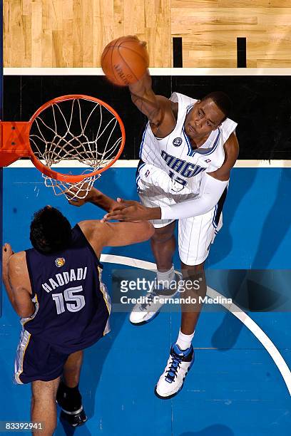 Dwight Howard of the Orlando Magic dunks against the Memphis Grizzlies on October 22, 2008 at Amway Arena in Orlando, Florida. NOTE TO USER: User...