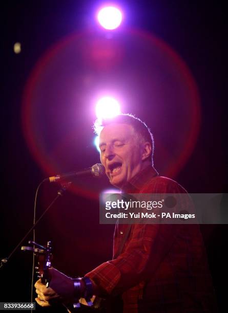 Billy Bragg performing on stage at the Union Chapel in Islington, north London, as part of the Little Noise Sessions week of gigs in aid of the...