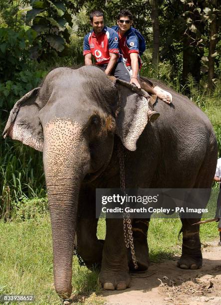 England's Ravi Bopara and Alastair Cook ride an elephant during a visit to Pinawella village near Kandy, Sri Lanka.