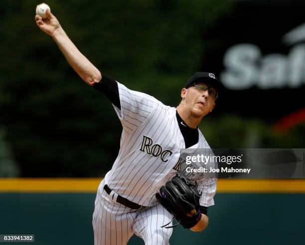 Jeff Hoffman of the Colorado Rockies pitches against the Atlanta Braves in the first inning at Coors Field on August 17, 2017 in Denver, Colorado.