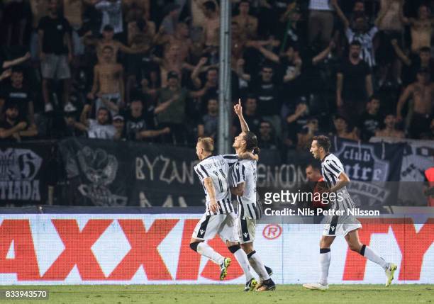 Aleksandar Prijovic of PAOK Saloniki FC celebrates after scoring to 3-1 during the UEFA Europa League Qualifying Play-Offs round first leg match...