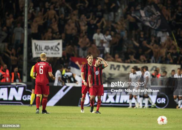 Brwa Nouri of Oestersunds FK dejected as Aleksandar Prijovic of PAOK Saloniki FC has scored to 2-1 during the UEFA Europa League Qualifying Play-Offs...