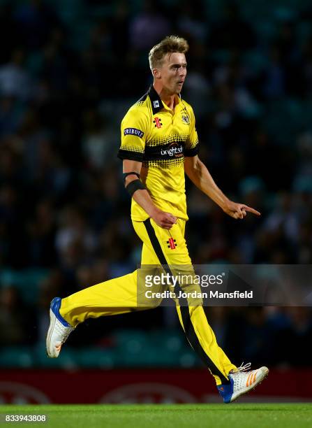 Craig Miles of Gloucestershire celebrates bowling out Sam Curran of Surrey during the NatWest T20 Blast match between Surrey and Gloucestershire at...