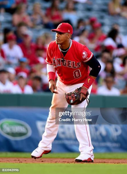 Yunel Escobar of the Los Angeles Angels plays third during the first inning against the Tampa Bay Rays at Angel Stadium of Anaheim on July 14, 2017...