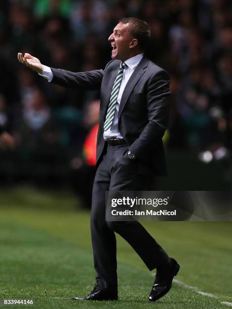 Celtic manager Brendan Rodgers is seen during the UEFA Champions League Qualifying Play-Offs Round First Leg match between Celtic FC and FK Astana at...