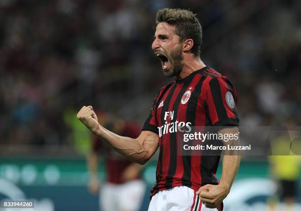 Fabio Borini of AC Milan celebrates his goal during the UEFA Europa League Qualifying Play-Offs round first leg match between AC Milan and KF...