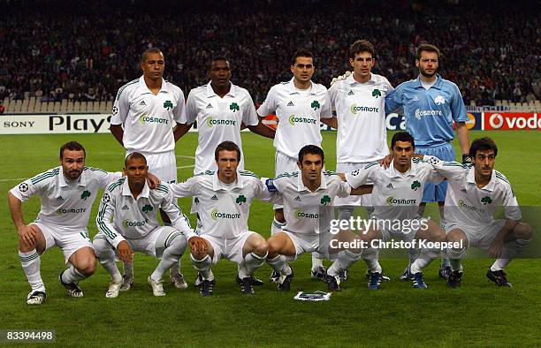 The team of Panathinaikos line up prior to the UEFA Champions League Group B match between Panathinaikos and Werder Bremen at the Olympic stadium...